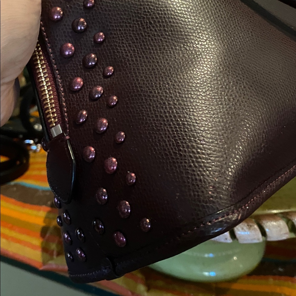 Coach Cora Domed Satchel with Border Studs in Burgundy Crossgrain Leather - Picture 8 of 13